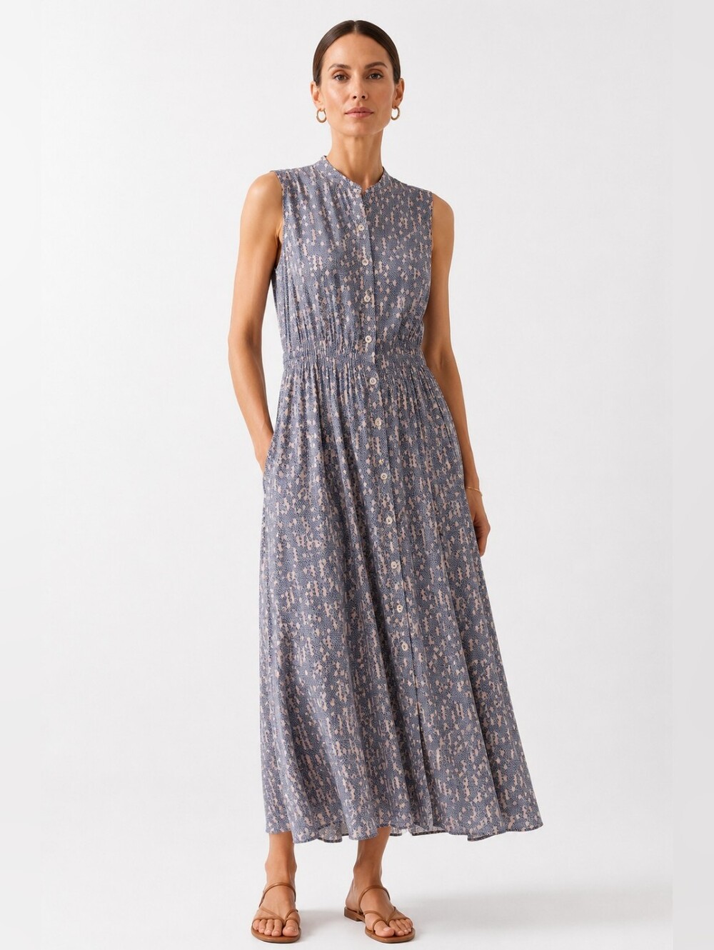 Equipment Femme Sleeveless Silk-Look Maxi Shirt Dress Blue Geometric Print - Picture 1 of 6
